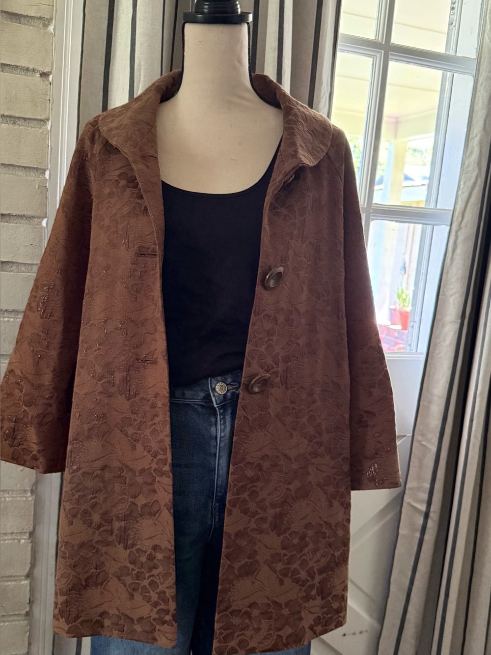 Brown Floral Jacquard Coat - Women's Lightweight Jacket